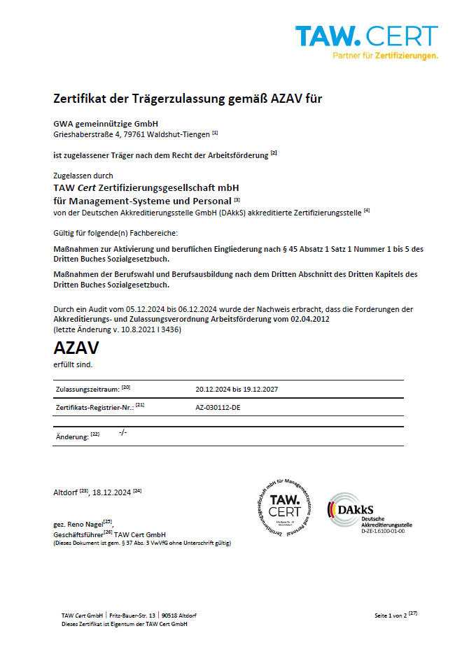 Zertifikat TAW Cert