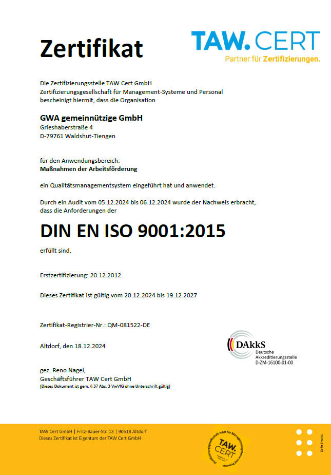 Zertifikat TAW Cert